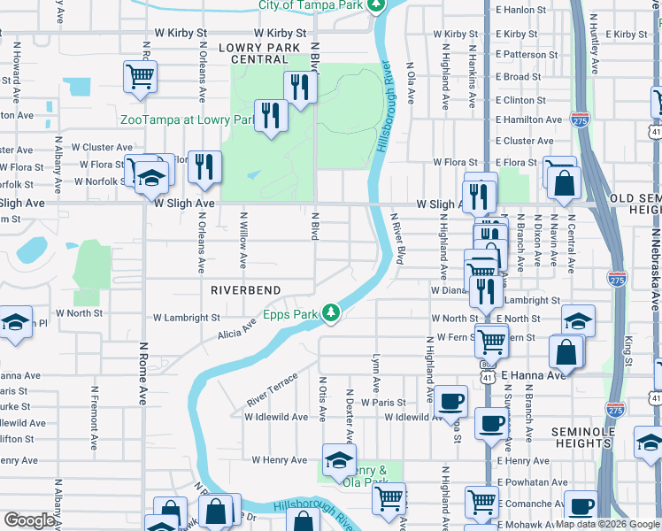 map of restaurants, bars, coffee shops, grocery stores, and more near 810 West Minnehaha Street in Tampa