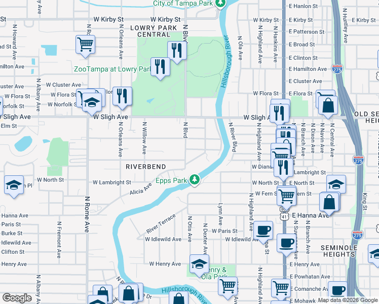 map of restaurants, bars, coffee shops, grocery stores, and more near 810 West Minnehaha Street in Tampa