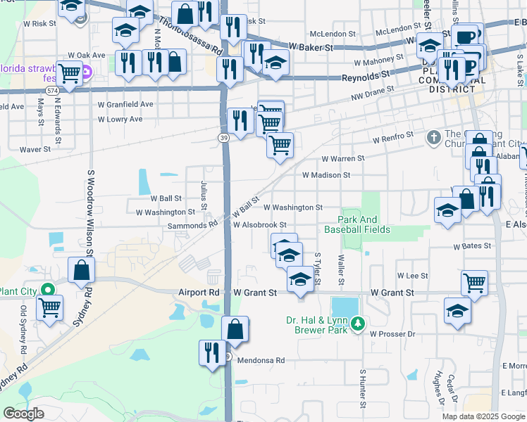 map of restaurants, bars, coffee shops, grocery stores, and more near 1307 West Washington Street in Plant City