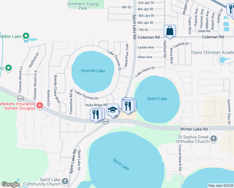 map of restaurants, bars, coffee shops, grocery stores, and more near 288 Piney Place in Winter Haven