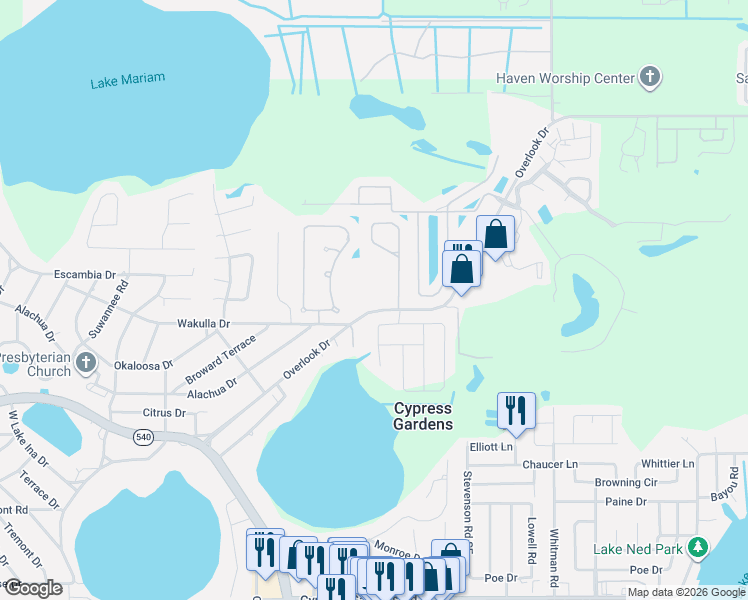 map of restaurants, bars, coffee shops, grocery stores, and more near 351 Overlook Drive in Winter Haven