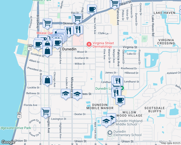 map of restaurants, bars, coffee shops, grocery stores, and more near 590 New York Avenue in Dunedin