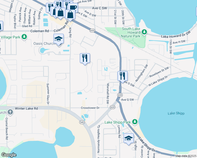 map of restaurants, bars, coffee shops, grocery stores, and more near 1103 Sunshine Way Southwest in Winter Haven