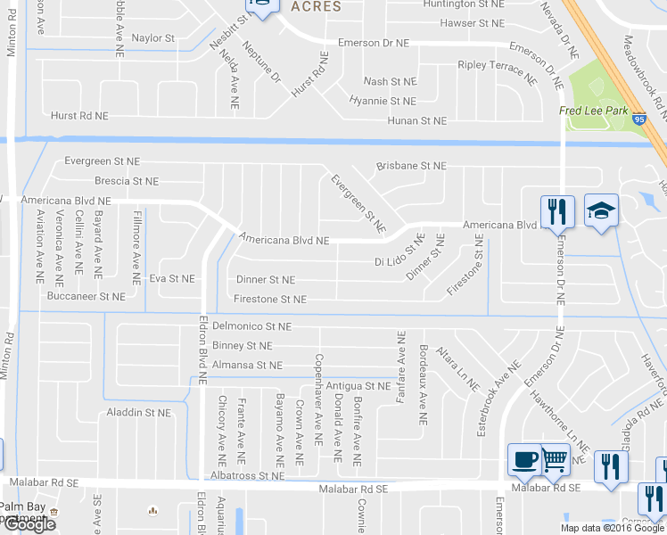 map of restaurants, bars, coffee shops, grocery stores, and more near 598 Di Lido Street Northeast in Palm Bay