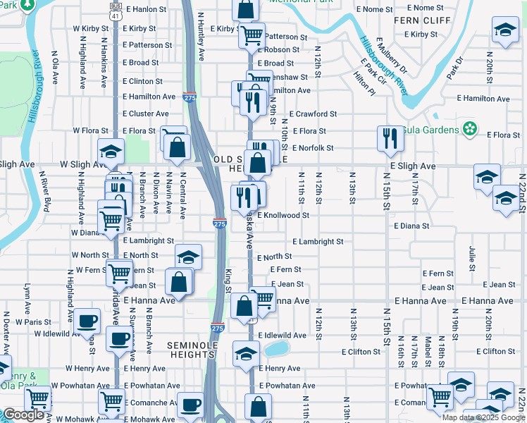 map of restaurants, bars, coffee shops, grocery stores, and more near 906 East Knollwood Street in Tampa