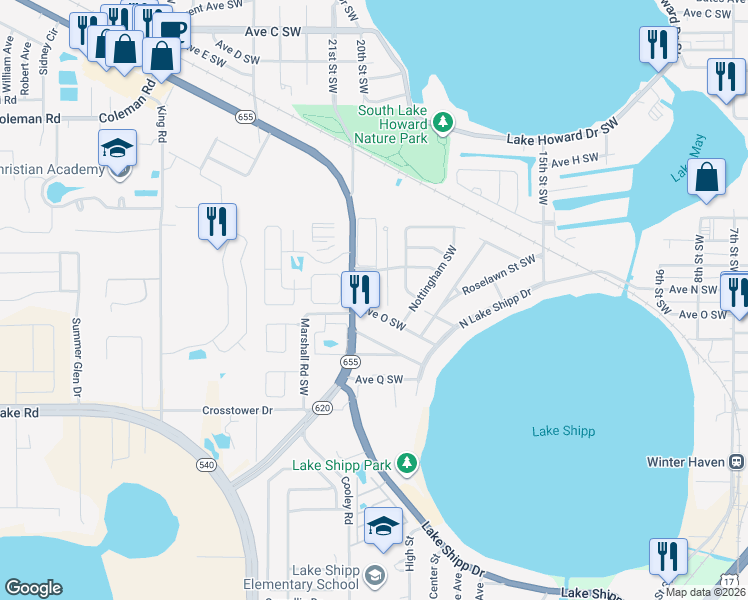 map of restaurants, bars, coffee shops, grocery stores, and more near 2119 Kings Crossing Southwest in Winter Haven