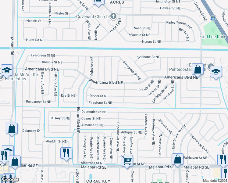 map of restaurants, bars, coffee shops, grocery stores, and more near 550 Di Lido Street Northeast in Palm Bay