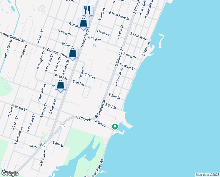 map of restaurants, bars, coffee shops, grocery stores, and more near 1503-1525 South Live Oak Street in Rockport