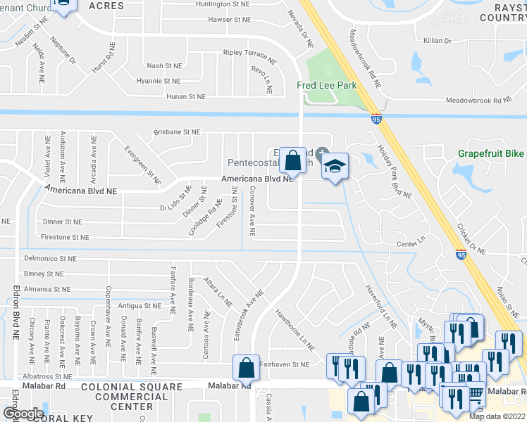 map of restaurants, bars, coffee shops, grocery stores, and more near 402 Empire Avenue Northeast in Palm Bay