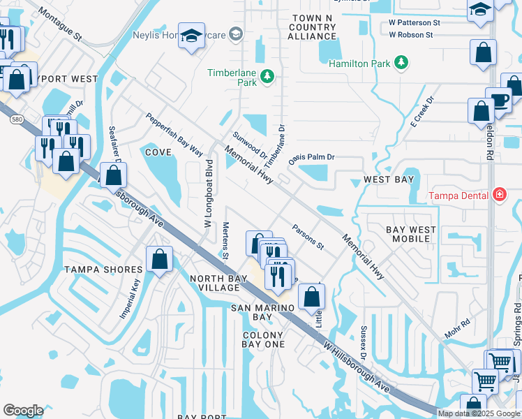 map of restaurants, bars, coffee shops, grocery stores, and more near 10206 Parsons Street in Tampa