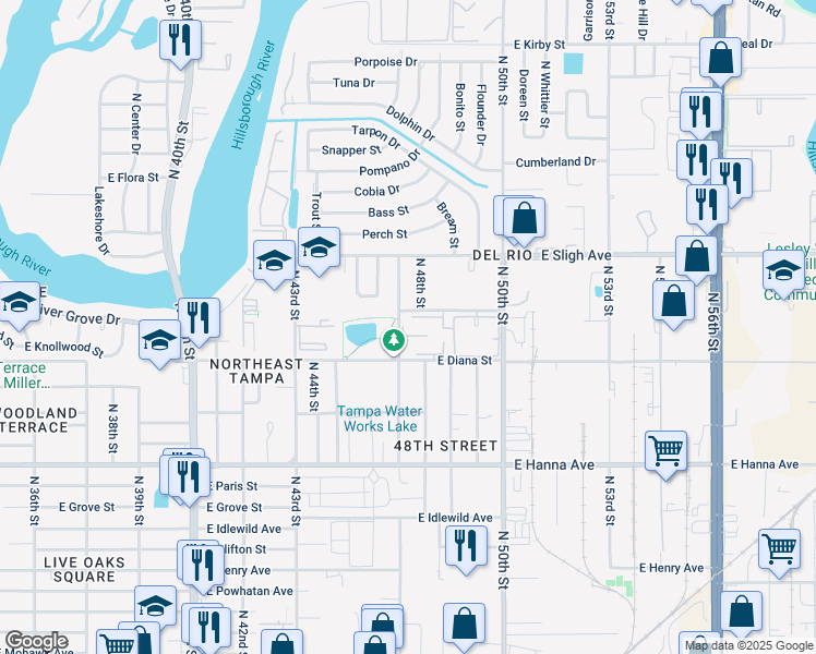 map of restaurants, bars, coffee shops, grocery stores, and more near 6509 North 47th Street in Tampa