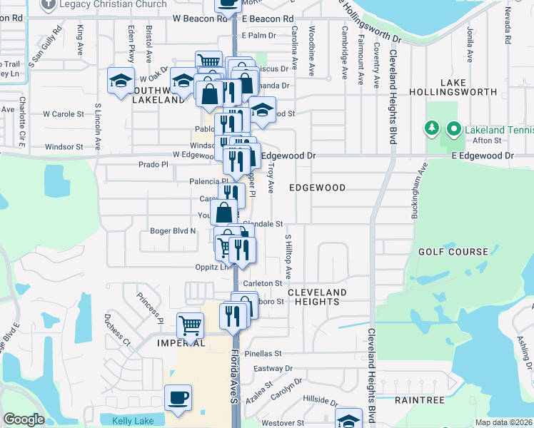 map of restaurants, bars, coffee shops, grocery stores, and more near 314 Glendale Street in Lakeland
