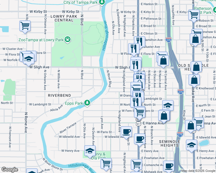 map of restaurants, bars, coffee shops, grocery stores, and more near 6700 North River Boulevard in Tampa