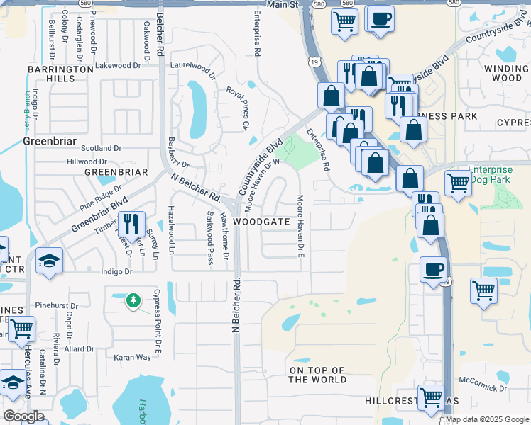 map of restaurants, bars, coffee shops, grocery stores, and more near 2401 Timbercrest Circle East in Clearwater