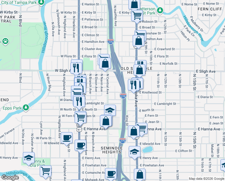 map of restaurants, bars, coffee shops, grocery stores, and more near 502 East Knollwood Street in Tampa