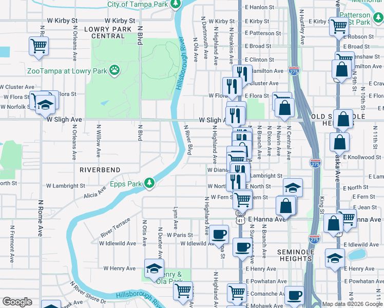 map of restaurants, bars, coffee shops, grocery stores, and more near 6700 North River Boulevard in Tampa