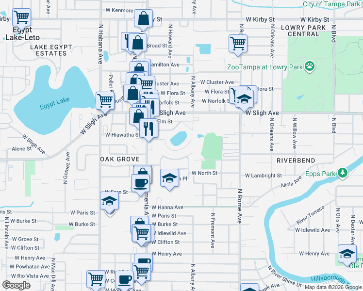 map of restaurants, bars, coffee shops, grocery stores, and more near 2117 West Minnehaha Street in Tampa