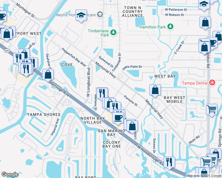 map of restaurants, bars, coffee shops, grocery stores, and more near 10206 Parsons Street in Tampa