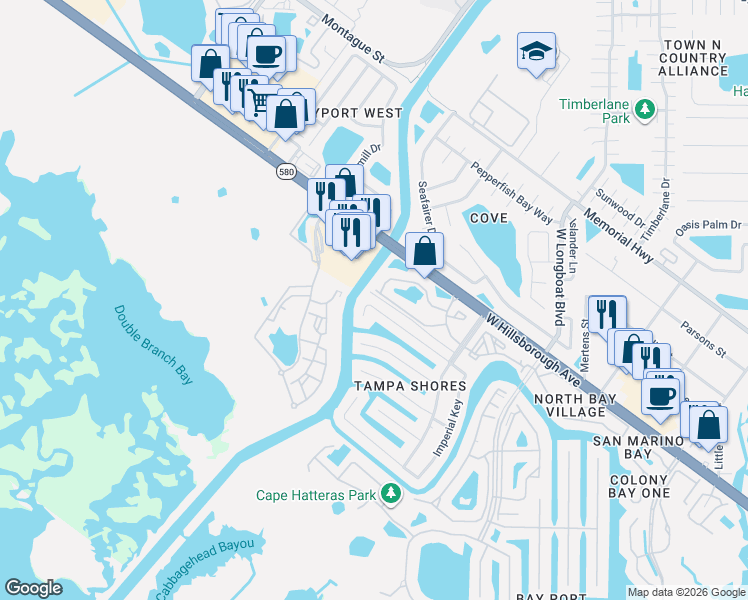 map of restaurants, bars, coffee shops, grocery stores, and more near 10729 Drummond Road in Tampa