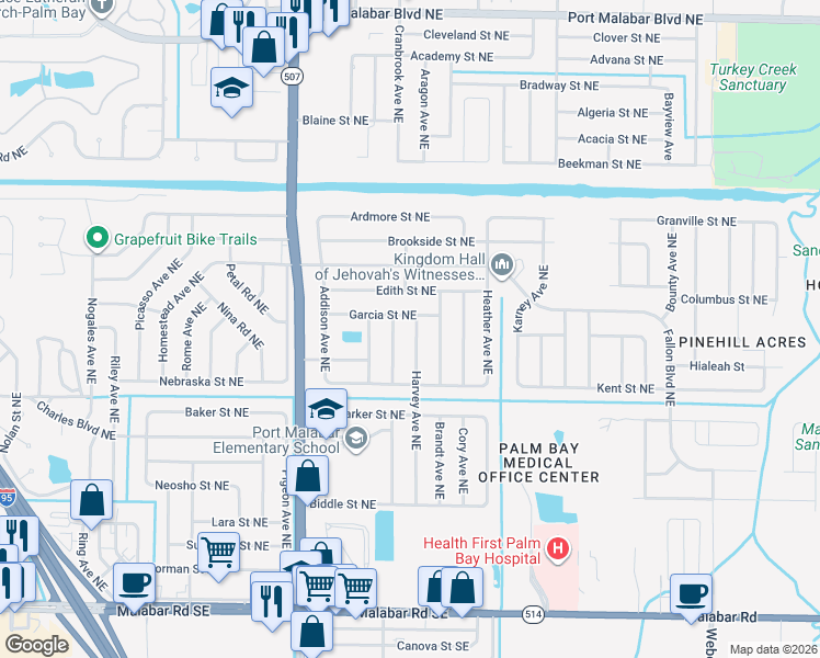map of restaurants, bars, coffee shops, grocery stores, and more near 474 Harvey Avenue Northeast in Palm Bay