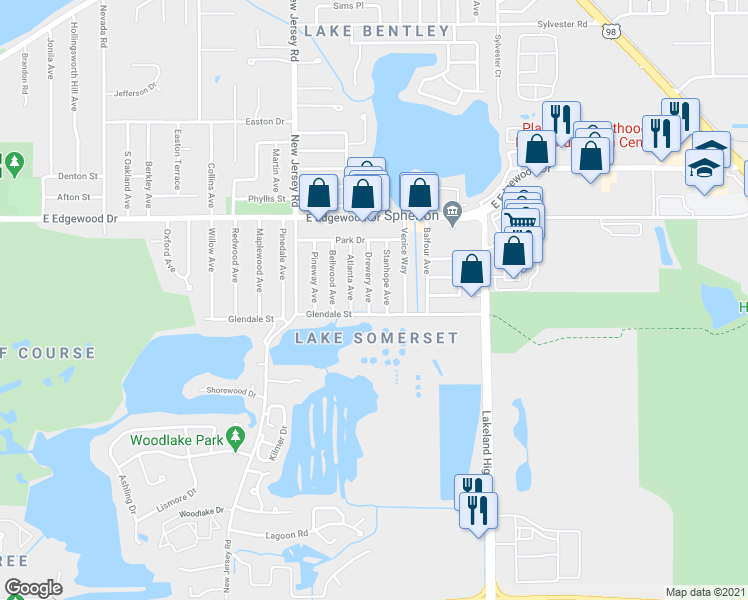 map of restaurants, bars, coffee shops, grocery stores, and more near 3030 Drewery Avenue in Lakeland