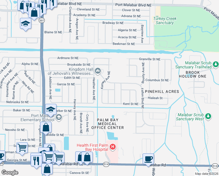 map of restaurants, bars, coffee shops, grocery stores, and more near 2005 Dogwood Street in Palm Bay