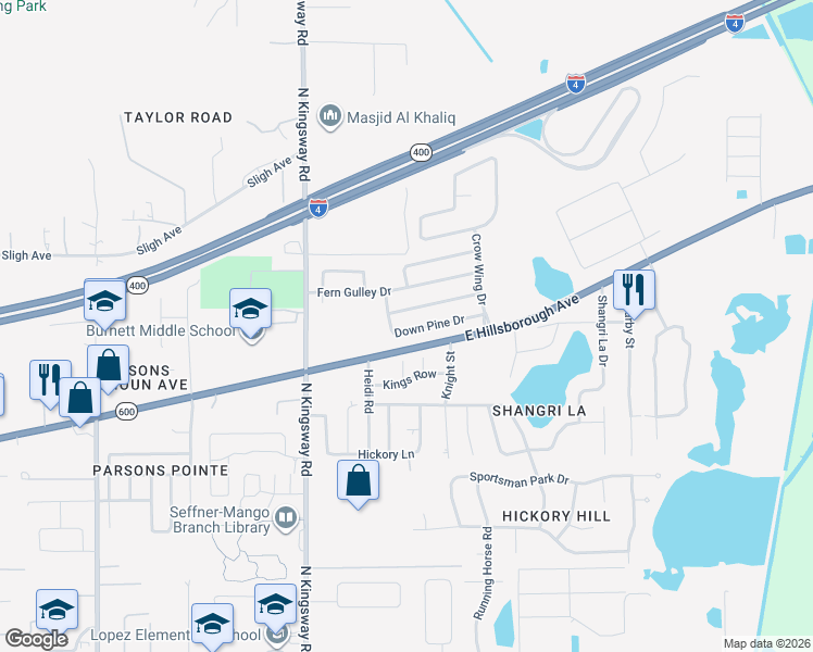 map of restaurants, bars, coffee shops, grocery stores, and more near 406 Down Pine Drive in Seffner