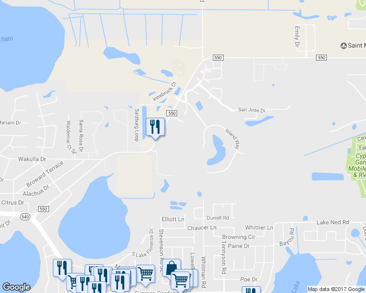 map of restaurants, bars, coffee shops, grocery stores, and more near 550 Overlook Drive in Winter Haven