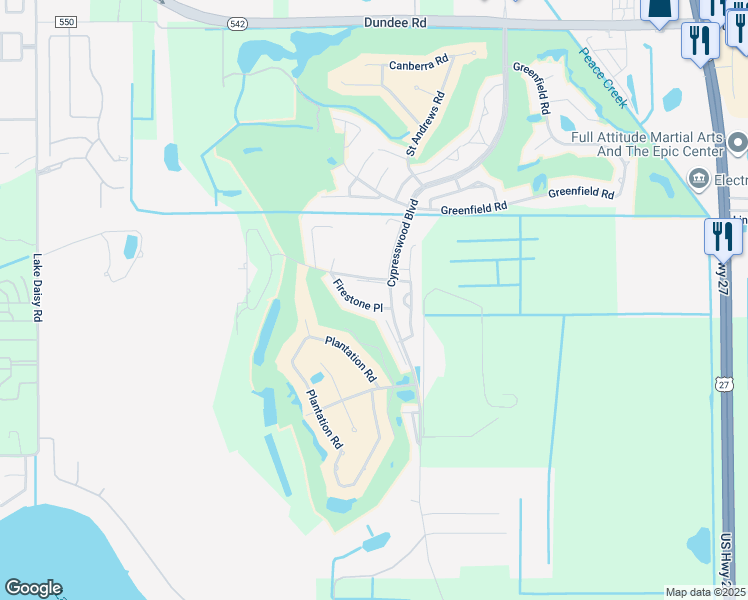 map of restaurants, bars, coffee shops, grocery stores, and more near 2241 Firestone Place in Winter Haven