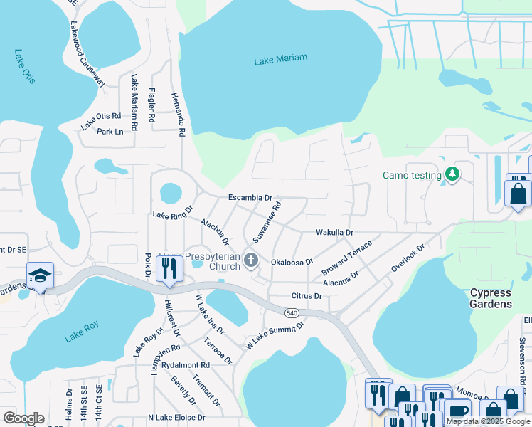 map of restaurants, bars, coffee shops, grocery stores, and more near 400 Suwanee Road in Cypress Gardens