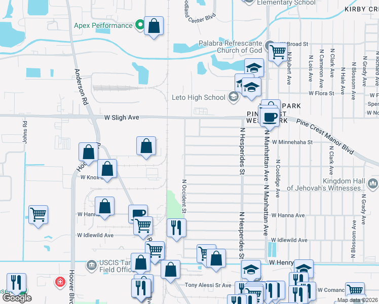 map of restaurants, bars, coffee shops, grocery stores, and more near 4543 West Knollwood Street in Tampa