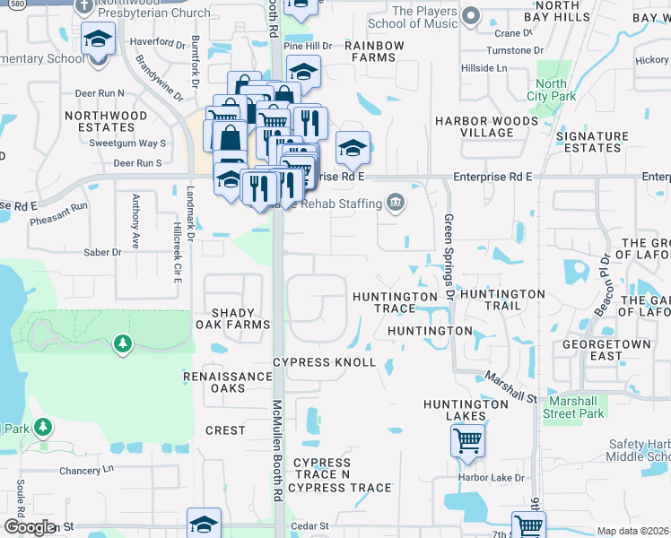 map of restaurants, bars, coffee shops, grocery stores, and more near 144 Woodside Court in Safety Harbor