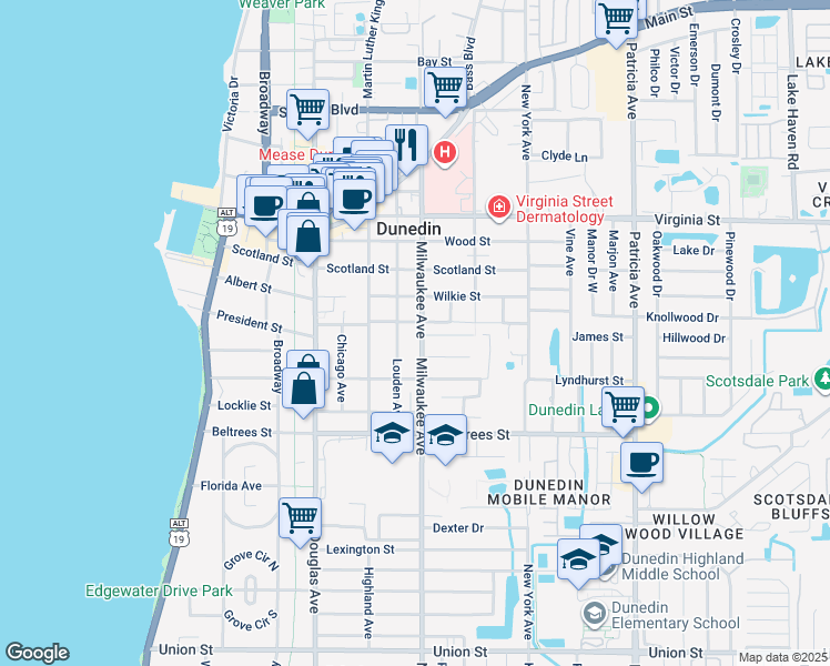map of restaurants, bars, coffee shops, grocery stores, and more near 554 Milwaukee Avenue in Dunedin