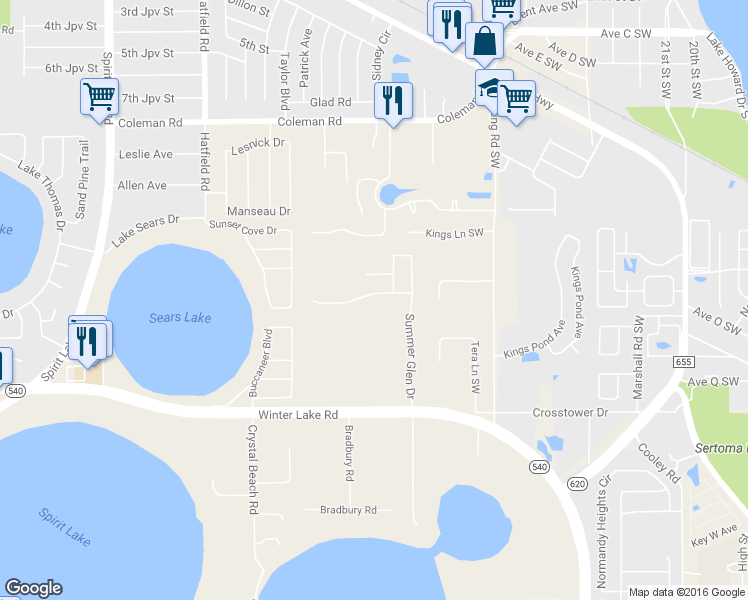 map of restaurants, bars, coffee shops, grocery stores, and more near 1070 Summer Glen Drive in Winter Haven