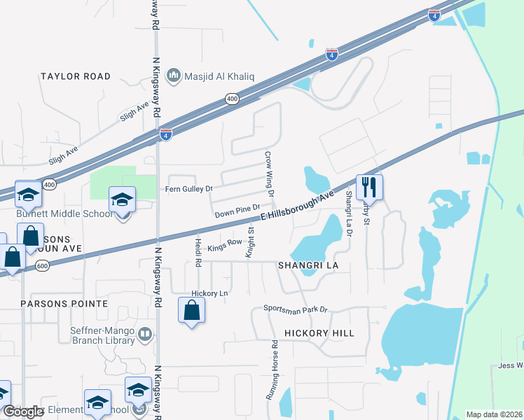 map of restaurants, bars, coffee shops, grocery stores, and more near 433 Down Pine Drive in Seffner