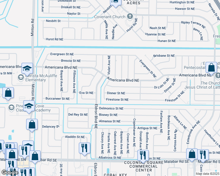 map of restaurants, bars, coffee shops, grocery stores, and more near 430 Di Lido Street Northeast in Palm Bay