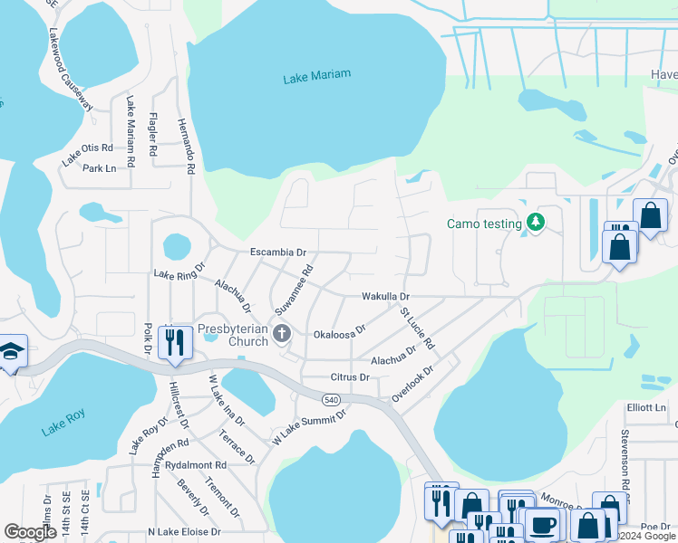 map of restaurants, bars, coffee shops, grocery stores, and more near 87 Duval Road Southeast in Cypress Gardens