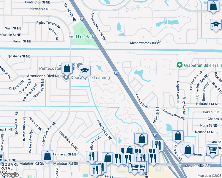 map of restaurants, bars, coffee shops, grocery stores, and more near 1130 Crystal Court in Palm Bay