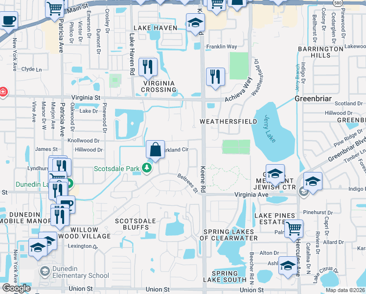 map of restaurants, bars, coffee shops, grocery stores, and more near 670 Kirkland Circle in Dunedin