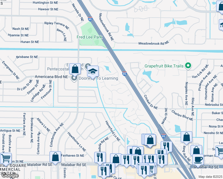 map of restaurants, bars, coffee shops, grocery stores, and more near 388 Holiday Park Boulevard Northeast in Palm Bay