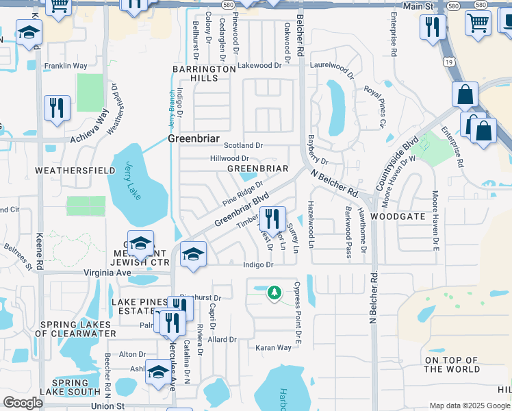 map of restaurants, bars, coffee shops, grocery stores, and more near 2143 Timber Lane in Clearwater