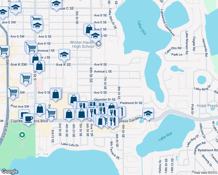 map of restaurants, bars, coffee shops, grocery stores, and more near 757 Avenue O Southeast in Winter Haven