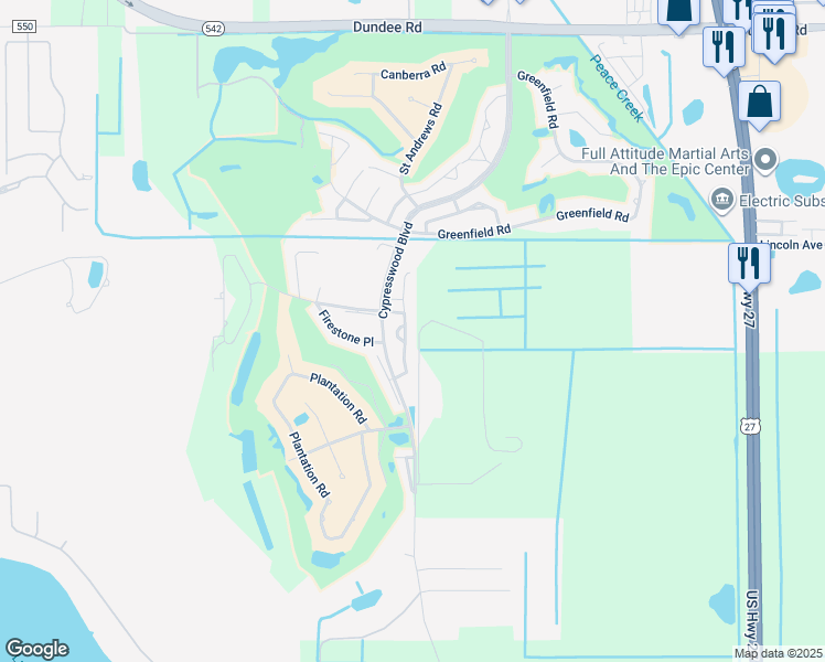 map of restaurants, bars, coffee shops, grocery stores, and more near 62 Enclave Drive in Winter Haven