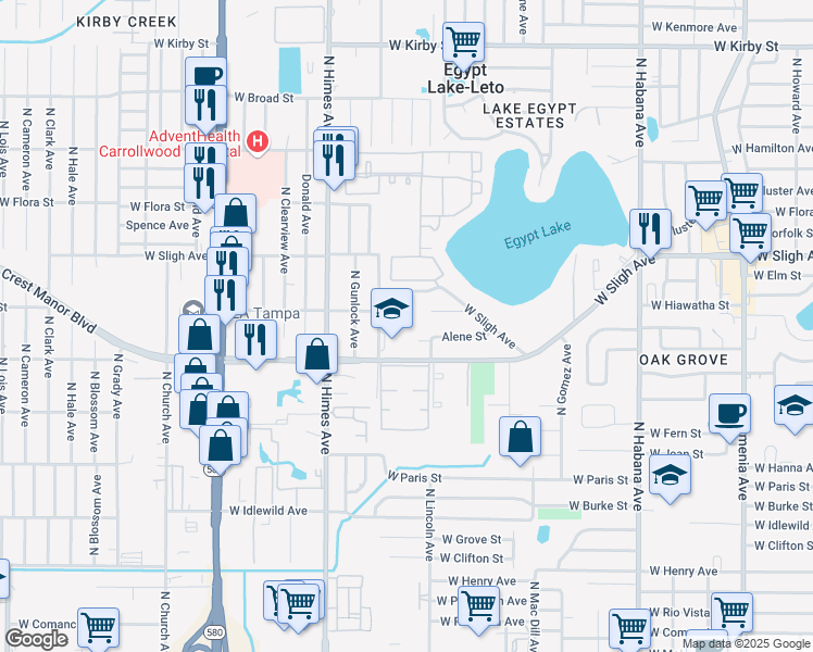 map of restaurants, bars, coffee shops, grocery stores, and more near 3403 West Lambright Street in Tampa