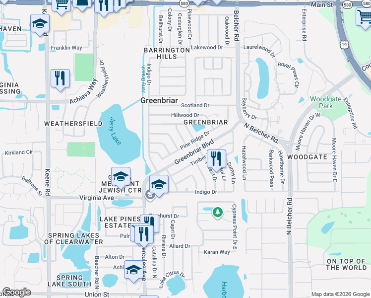 map of restaurants, bars, coffee shops, grocery stores, and more near 2063 Pine Ridge Drive in Clearwater