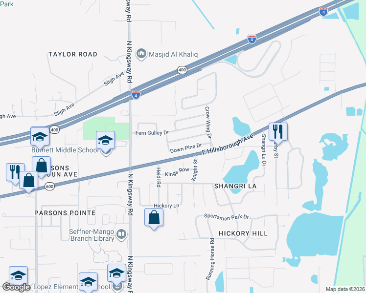 map of restaurants, bars, coffee shops, grocery stores, and more near 412 Down Pine Drive in Seffner