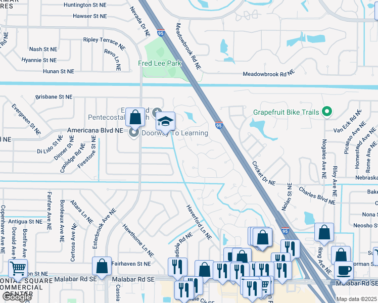 map of restaurants, bars, coffee shops, grocery stores, and more near 388 Holiday Park Boulevard Northeast in Palm Bay