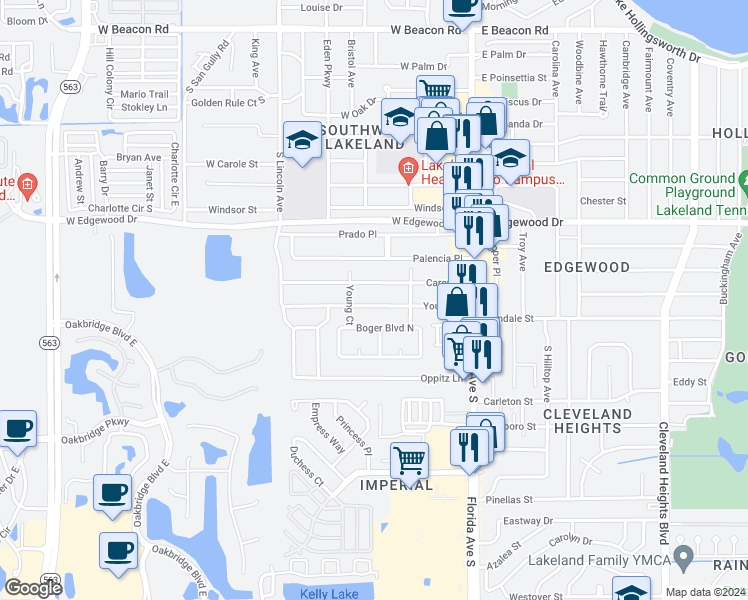 map of restaurants, bars, coffee shops, grocery stores, and more near 507 Young Place in Lakeland