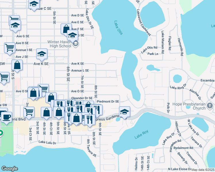 map of restaurants, bars, coffee shops, grocery stores, and more near 198 Covington Cove in Winter Haven