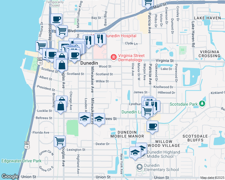 map of restaurants, bars, coffee shops, grocery stores, and more near 590 New York Avenue in Dunedin